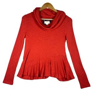 Anthropologie Mauve‎ XS Orange Ribbed Sweater Cowl Neck Peplum Top Knit Retro